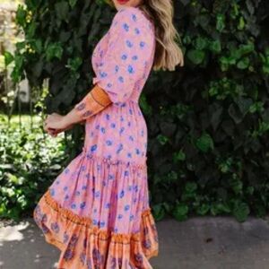 Ivy City Co Pink Floral Tiered Midi Dress with Orange Trim